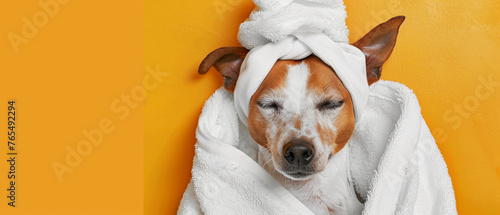An amusing and unconventional photograph of a dog with a white towel wrapped around, against an orange backdrop, face blurred