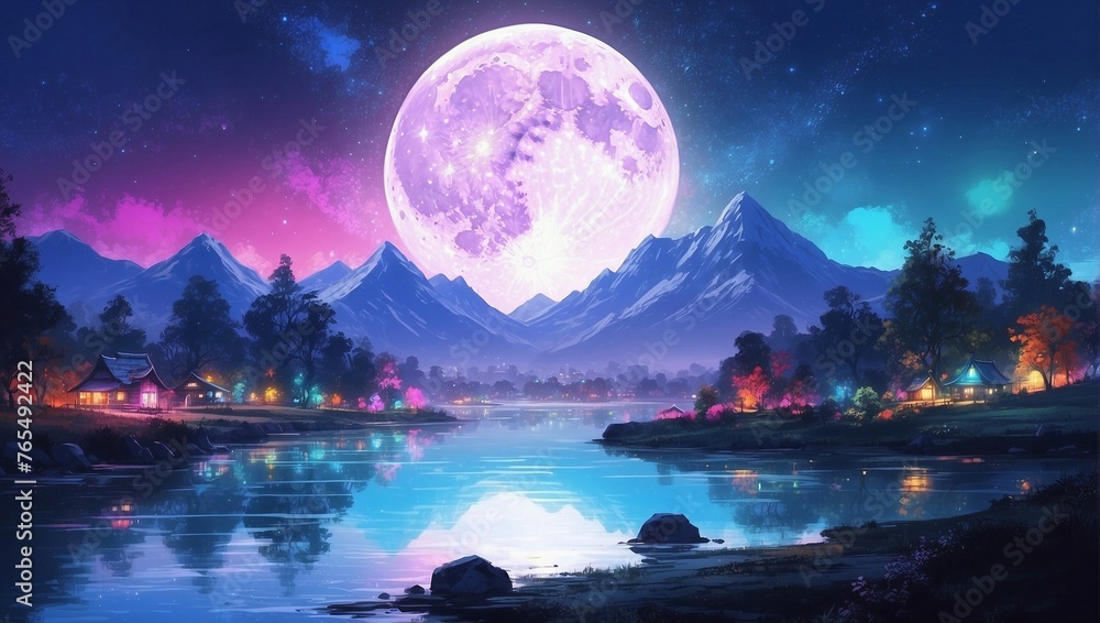 Naklejka premium Fantasy Magical Mushrooms Fairy Tale dreamy Forest with fabulous Fairytale blooming pink Rose Flower on mysterious Nature background and shiny glowing moon rays in night