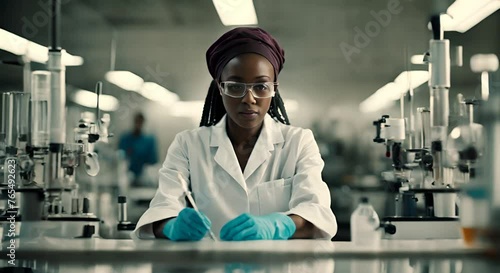 Black scientist woman in the laboratory. photo