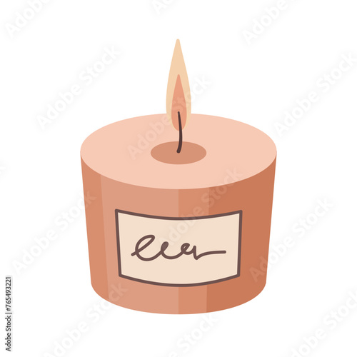 Burning Aromatherapy candle with label sticker isolated on white background. Hand drawn Vector illustration. Aroma candle icon. Hand crafted candle. Flat design