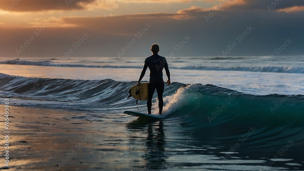 Surfer on the ocean wave at sunset