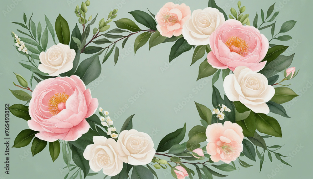 Watercolor Wedding Wreath Frame with Abundant Green Leaves, Enchanting Pink Peach Blush White Flowers, and Majestic Eucalyptus, Olive, Peony, and Yellow Rose Bouquet colourful background