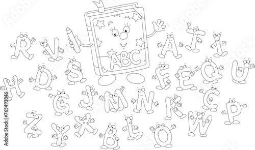 Cartoony ABC book surrounded by funny letters of alphabet, merrily dancing, friendly smiling and waving in greeting, black and white outline vector illustration for a coloring book