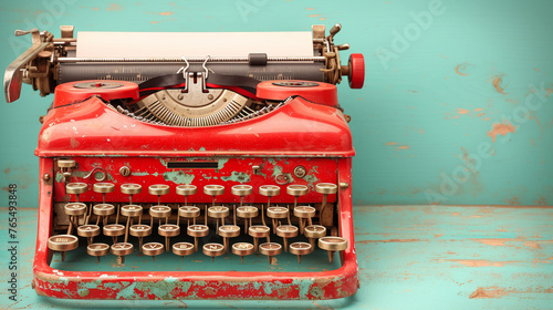 Retro Red Typewriter on Turquoise Background, Concept for Writers, Journalism, and Literature