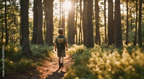 Boy scout child in the forest. photo