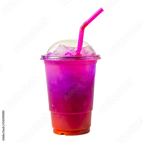 Plastic cup with bright pink and purple liquid. isolated on transparent background.