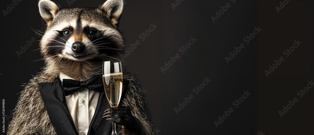 This image captures a raccoon in a tuxedo, raising a champagne glass as if to make a toast, set against a stoic black background - obrazy, fototapety, plakaty 