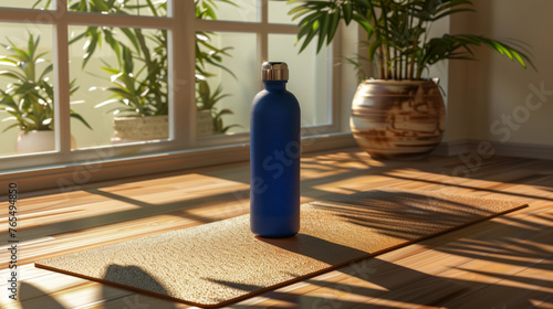 Water bottle and exercise mat in wellness studio or gym floor for yoga, fitness and workout. Healthy lifestyle, diet and water balance. Layout for advertising and branding.