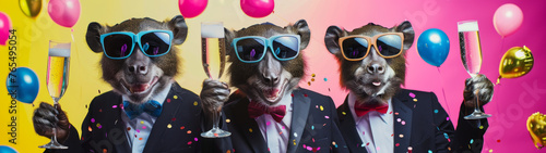Identical raccoons in party hats and sunglasses hold up their drinks, surrounded by balloons and confetti photo
