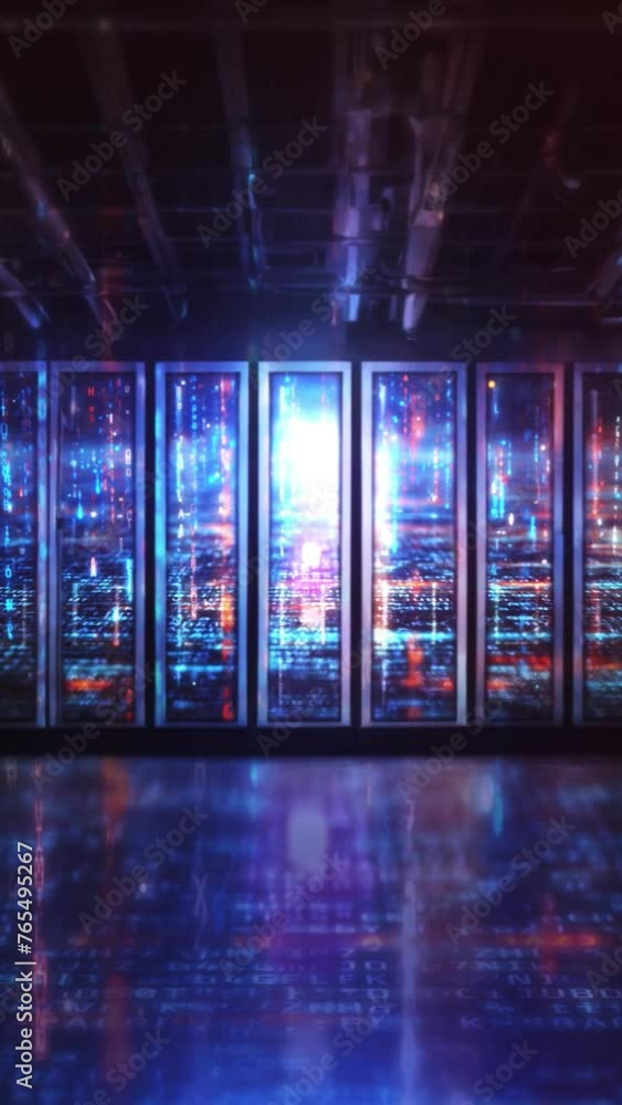 Server room with animation of digital code. Server room with animation of digital code.