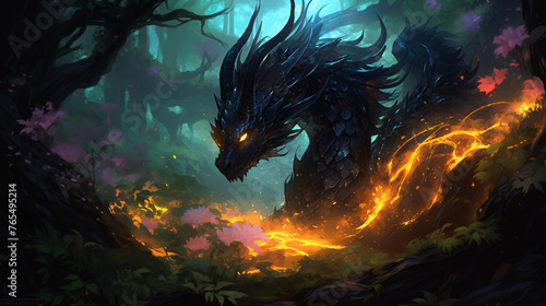 A beautiful black dragon in a night forest peacefully
