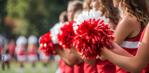 cheerleaders holding red and white pompoms at high school american football game photo