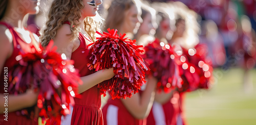cheerleaders holding red and white pompoms at high school american football game photo