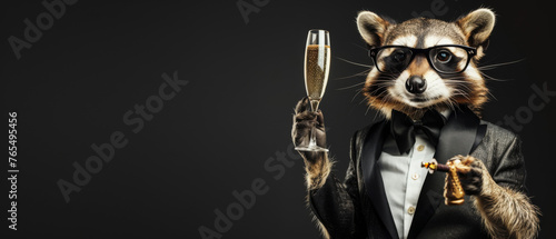 Dressed to impress, this raccoon in a tuxedo raises a champagne toast, embodying celebration and achievement © Daniel