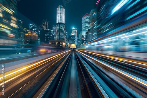 Blurred motion of city lights at night, depicting high-speed urban travel by train or city metro.