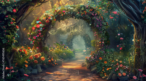 A beautiful secret fairytale garden with flower arches photo