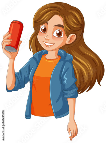 Cheerful young girl with a drink, smiling brightly
