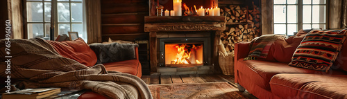 Rustic living room interior  close-up on rugged furniture texture  warm firelight  cozy  inviting space  photographic style