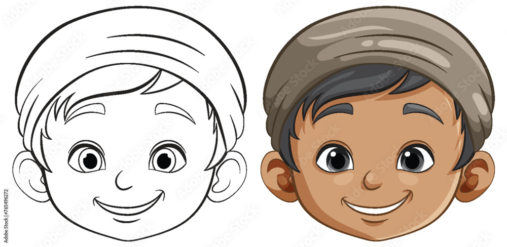 Two smiling cartoon boys with different skin tones Two smiling cartoon boys with different skin tones