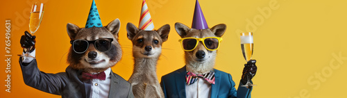 Three festive animals, a raccoon, meerkat, and a blurred face, enjoy a celebration with glasses of bubbly against a vibrant backdrop