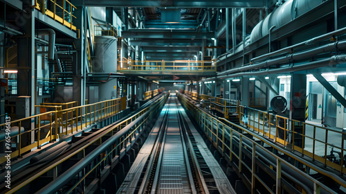 Industrial Factory with steel pipes and machinery industrial of a conveyor belt in a factory 