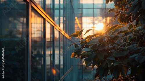 Sunset reflected on glass office building with trees 