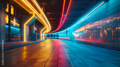 The tunnel reflects neon lights along the way with orange and blue lights background. 
