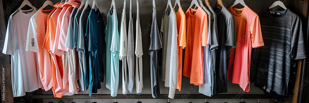 A collection of athletic wear and workout clothes on a clothing rack.