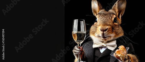 A striking image of a sophisticated squirrel dressed in a black suit and bow tie, holding a glass of champagne on a black background
