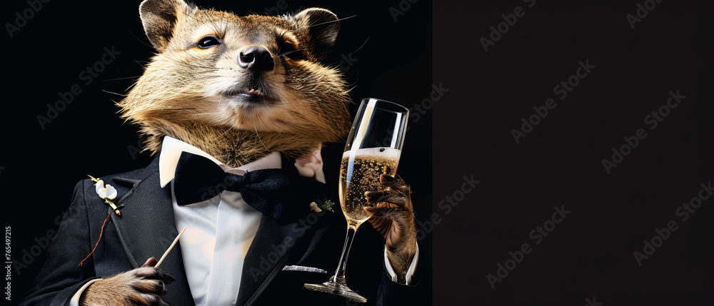 An anthropomorphic raccoon in a stylish black suit holding a champagne flute, exuding celebration vibes - obrazy, fototapety, plakaty 