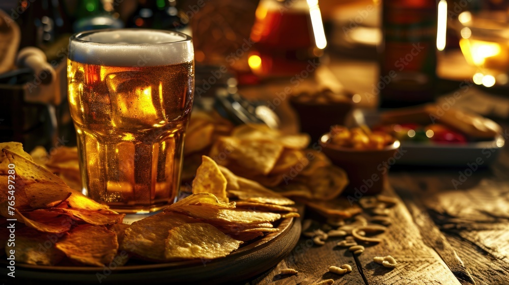 Fototapeta premium Glass of beer is on table with plate of chips