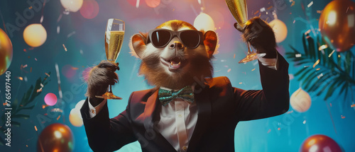 A party-loving monkey in glasses holds two champagne glasses amidst confetti, symbolizing fun and enjoyment photo