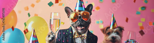 A rabbit and a dog in festive attire cheer with champagne glasses amid vibrant confetti and balloons