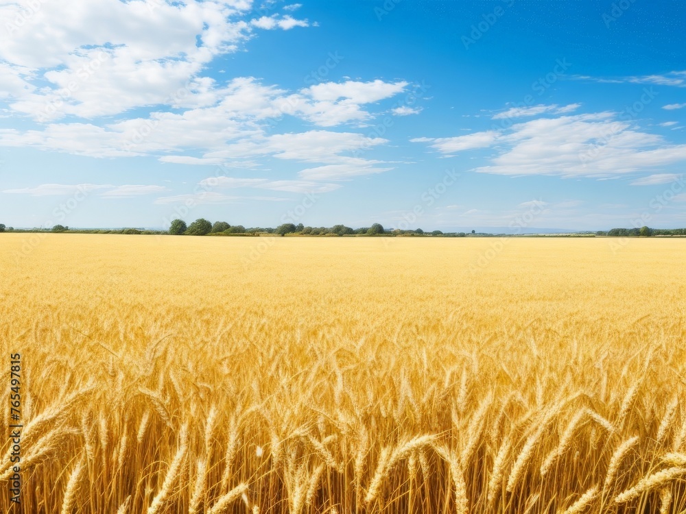Field of golden wheat under blue sky with white clouds. Agricultural landscape. AI generated