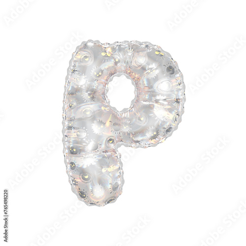 3D inflated balloon letter P with rainbow glass and sun smiley childrens pattern