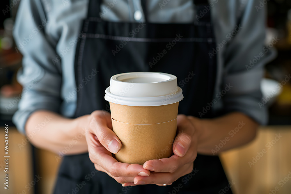 Closeup of hands holding a craft paper coffee cup with a white lid, woman wearing an apron at a cafe in the background Closeup of hands holding a craft paper coffee cup with a white lid, woman wearing an apron at a cafe in the background