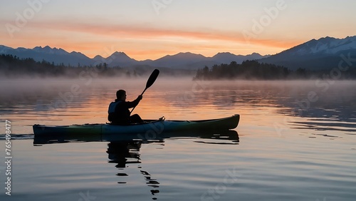 A man paddling a kayak on a calm lake in the mountains