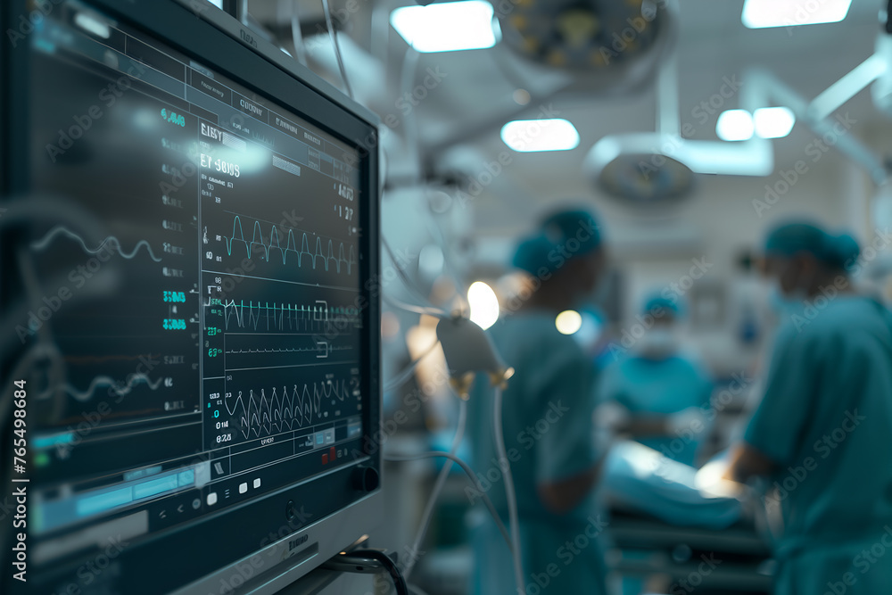 Closeup of an EKG monitor in hospital room with medical equipment and doctors. Heart rhythm curves are on screen Closeup of an EKG monitor in hospital room with medical equipment and doctors. Heart rhythm curves are on screen