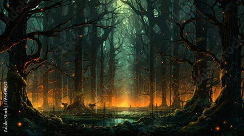A cybernetic forest with glowing trees and digital wil photo