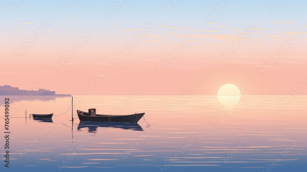 A tranquil coastal scene at sunrise illustration - obrazy, fototapety, plakaty 