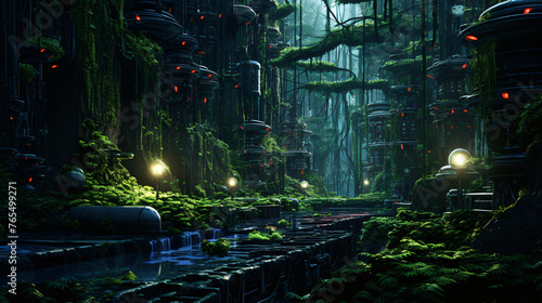 A cybernetic jungle where nature and technology blend