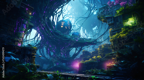 A cybernetic jungle with neon plants and digital wildl