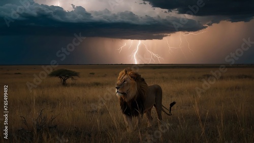 Lion in the savanna of Africa with Thunderstorm and lightning. photo