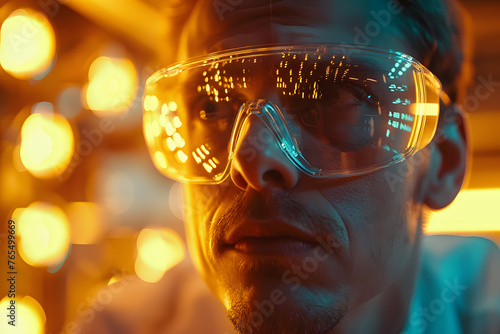 men in safety glasses reflecting bright light against a background of blurry golden light, Concept: high-tech or scientific environment