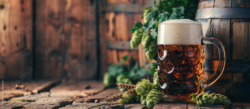 mug of beer, and beer barrel on a wooden background - obrazy, fototapety, plakaty 