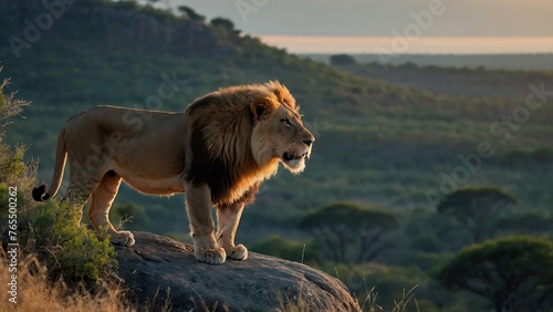 Lion standing on a rock in the wild.