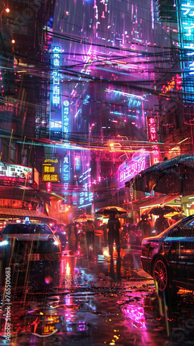 lights of the city  city skyline at night  Melancholic  bitter-sweet neon sunset. Cyberpunk. City. Crowded people. Rain  