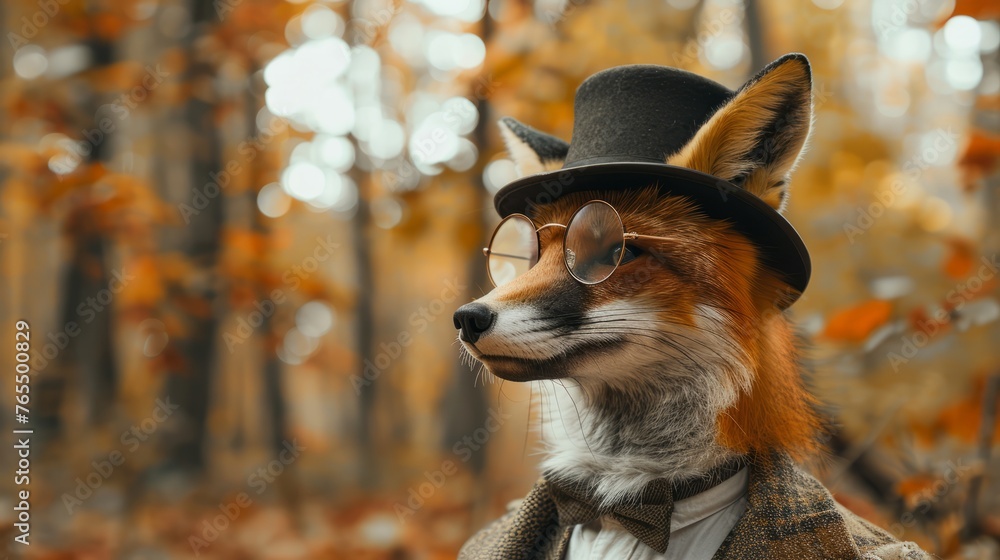 Obraz premium Dapper fox gentleman wearing vintage glasses and bowler hat on Autumn Forest outdoor background with copy space.