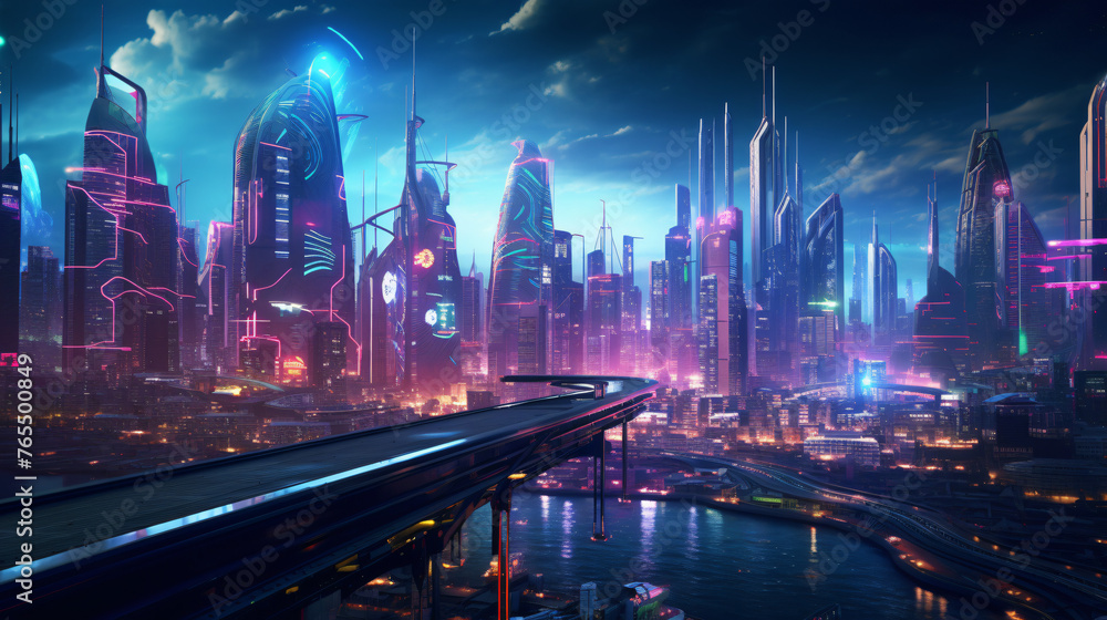 A cyberpunk cityscape with neon lights and futuristic