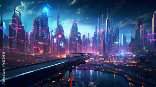 A cyberpunk cityscape with neon lights and futuristic